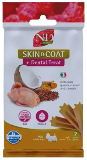 Pamlsok Farmina Quinoa Dog Skin Coat Quail Adult Mini 60g
