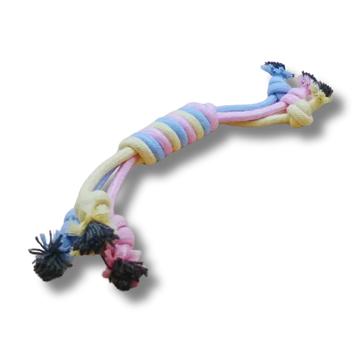 Hračka pre psa stredná - Lano - Zmotané laná - Modrá/Ružová/Žltá - 33cm Dĺžka 