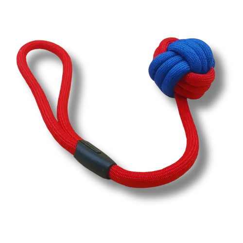 Hračka pre psa stredná - Lano - Lopta na lane - Modrá/Červená - 44cm Dĺžka (kópia)