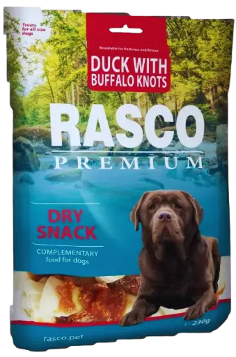 Pochúťka Rasco Premium byvolia koža s kačacím mäsom, uzly 5cm 230g